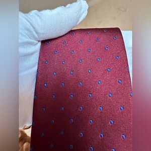 Etro Burgundy Silk Tie with Blue Dots. 100% silk.